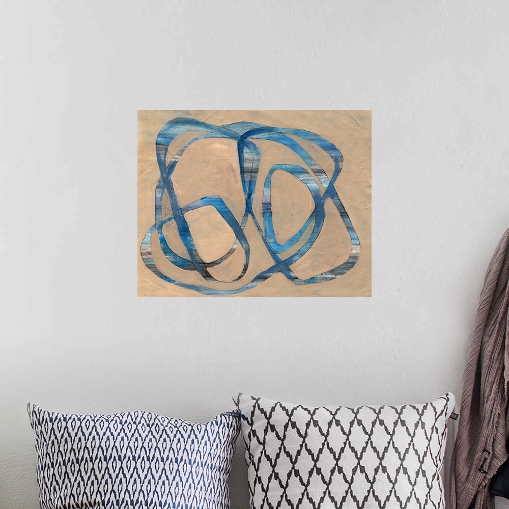 A bohemian room featuring Contemporary abstract painting of blue swirling lines on a neutral background.
