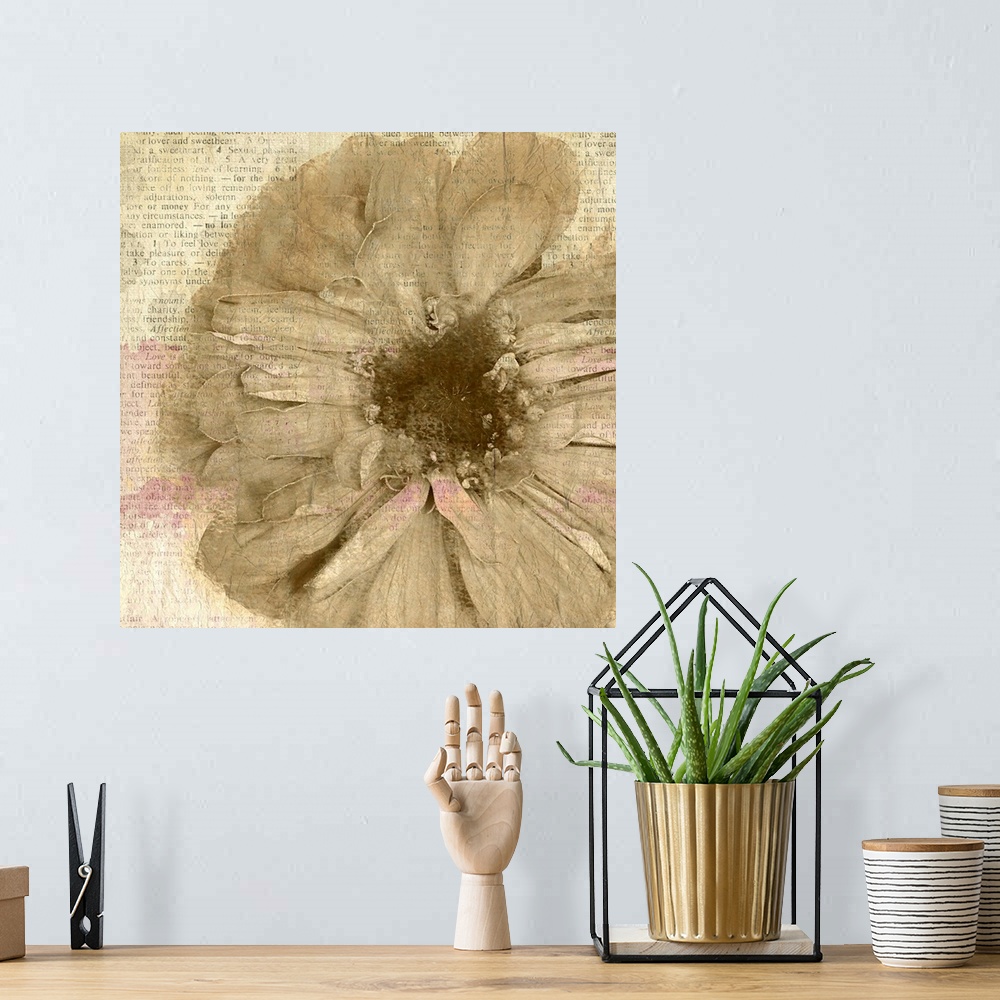 A bohemian room featuring A sepia toned flower painted on newspaper clippings with hints of magenta.