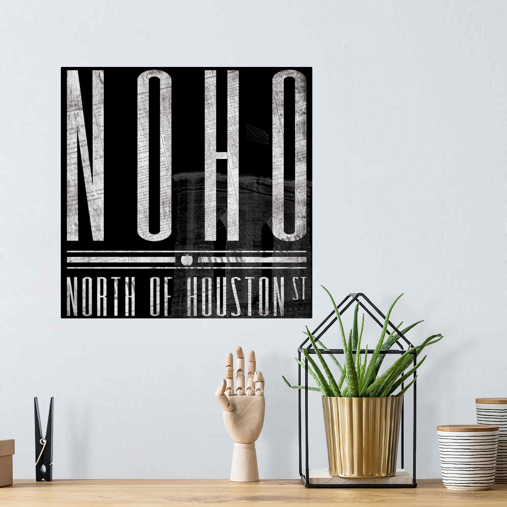 A bohemian room featuring Typographical artwork of New York City destination NOHO against a black background, with building.