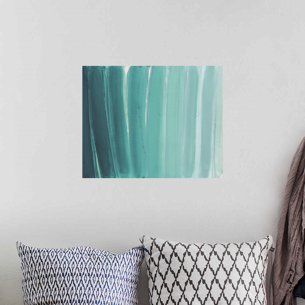 A bohemian room featuring Contemporary abstract artwork made of several vertical lines in turquoise tones.
