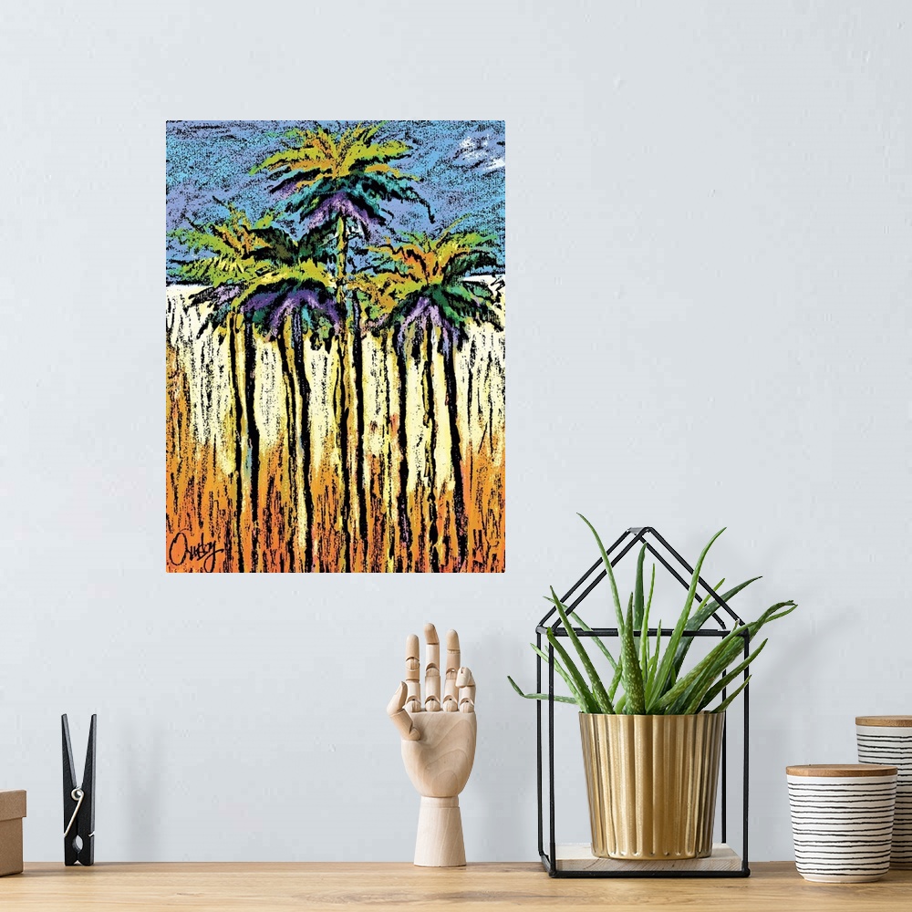 A bohemian room featuring Contemporary piece of art of a group of tall palm trees. In a modern textured style.