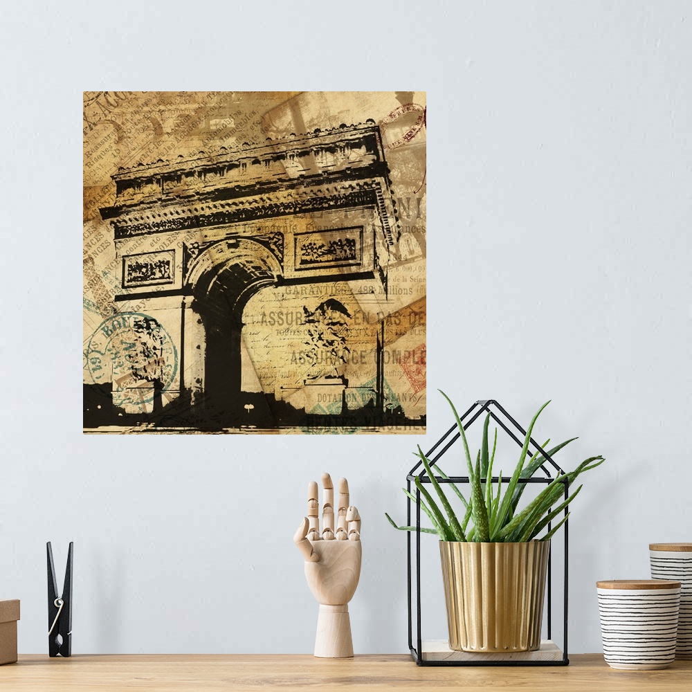 A bohemian room featuring Contemporary artwork of the Arc de Triomphe against travel and postage documentation in sepia tone.