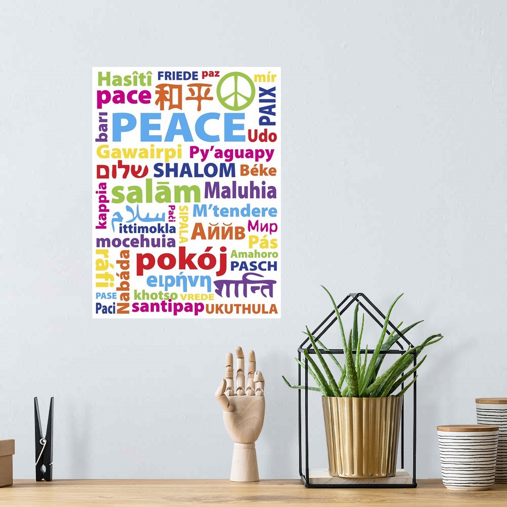 A bohemian room featuring Typography art with the word "Peace" in many different languages.