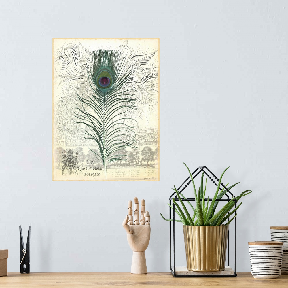 A bohemian room featuring Illustration of a peacock tail feather on a page from a vintage book.