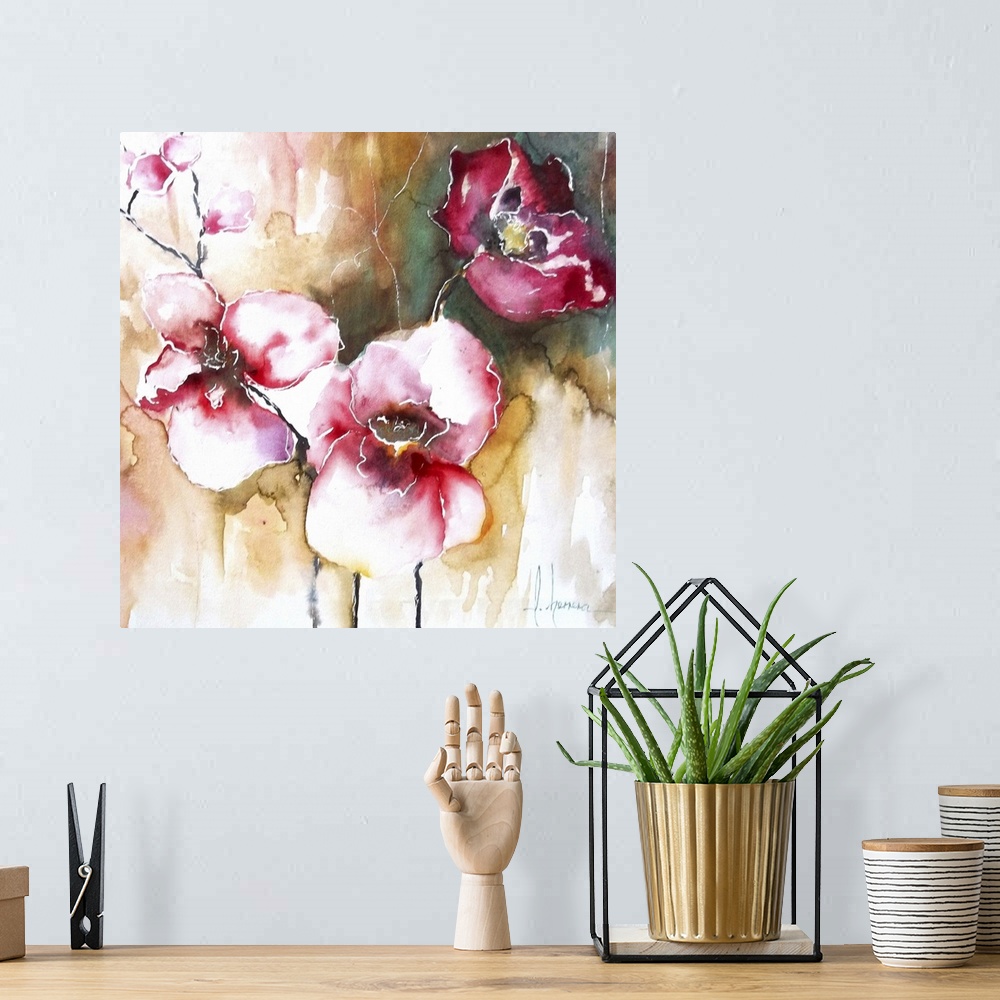 A bohemian room featuring Contemporary painting of several bright pink orchid flowers.