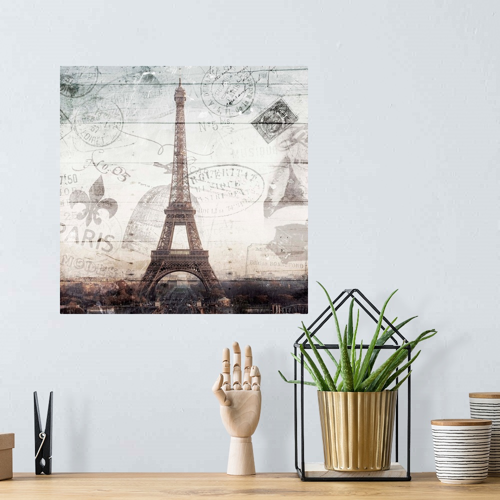 A bohemian room featuring Square photograph of the Eiffel Tower with a Paris cityscape underneath and a faint wood panel an...