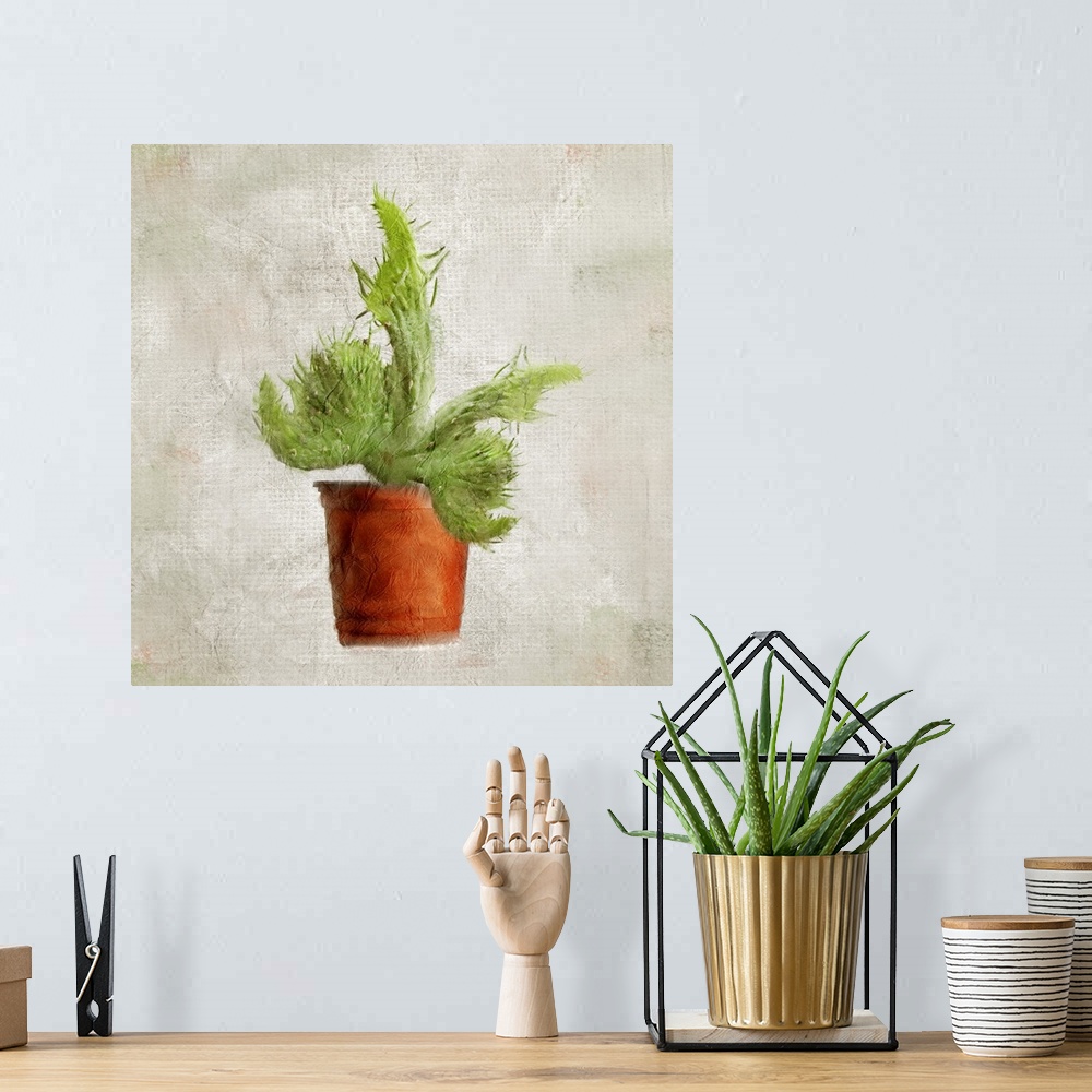 A bohemian room featuring A textured painting of a potted cactus.