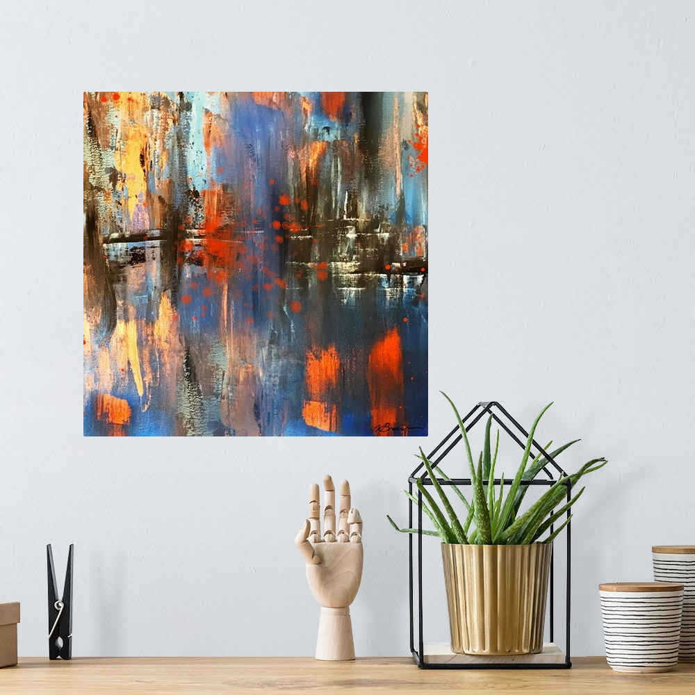 A bohemian room featuring Square contemporary abstract painting with blue, yellow, red, and black hues with a tiny bit of p...