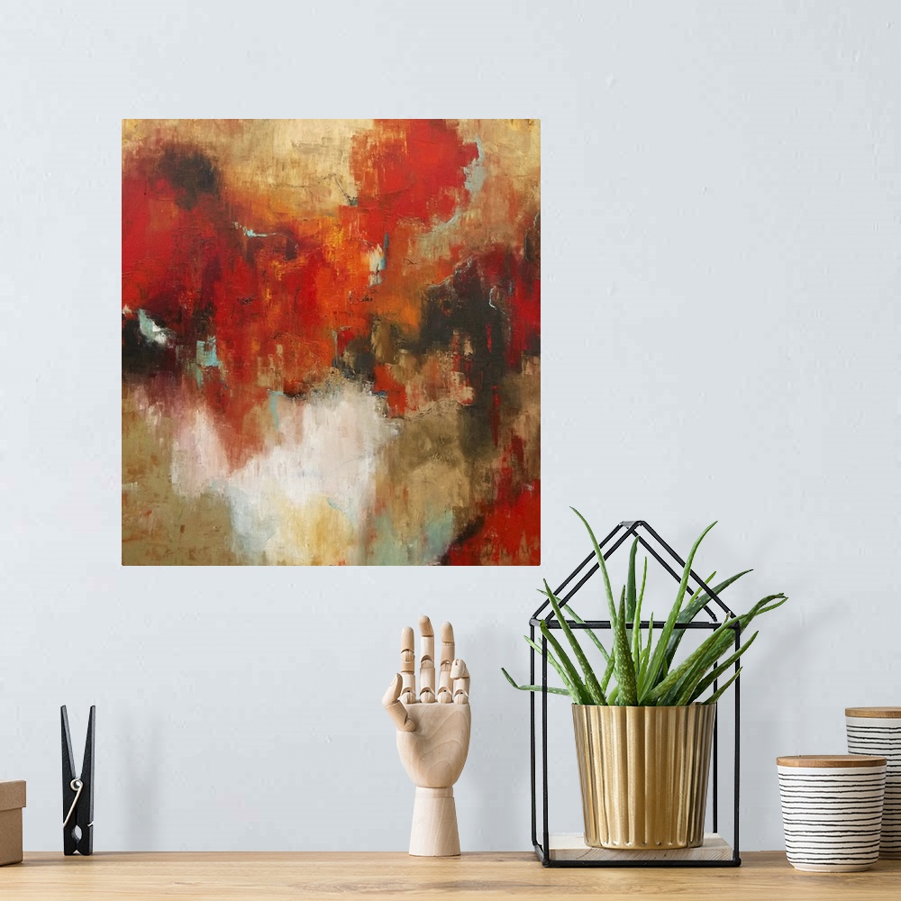 A bohemian room featuring Contemporary abstract painting using rich earth tones in brown and red.