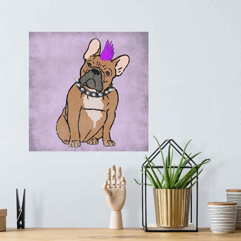 A bohemian room featuring A painting of a frenchie with a fuchsia mow-hawk and a spiked collar.
