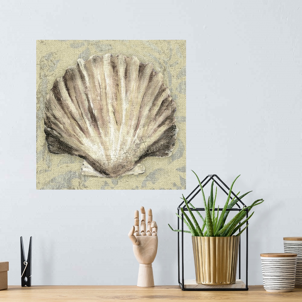 A bohemian room featuring Artwork of a beige scallop shell against a cream colored background.