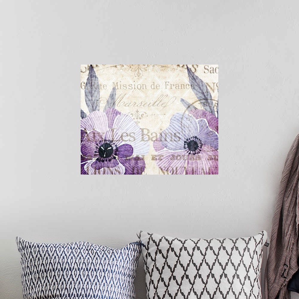 A bohemian room featuring Purple and indigo illustrated flowers on a sepia toned background with an overlay of French text ...