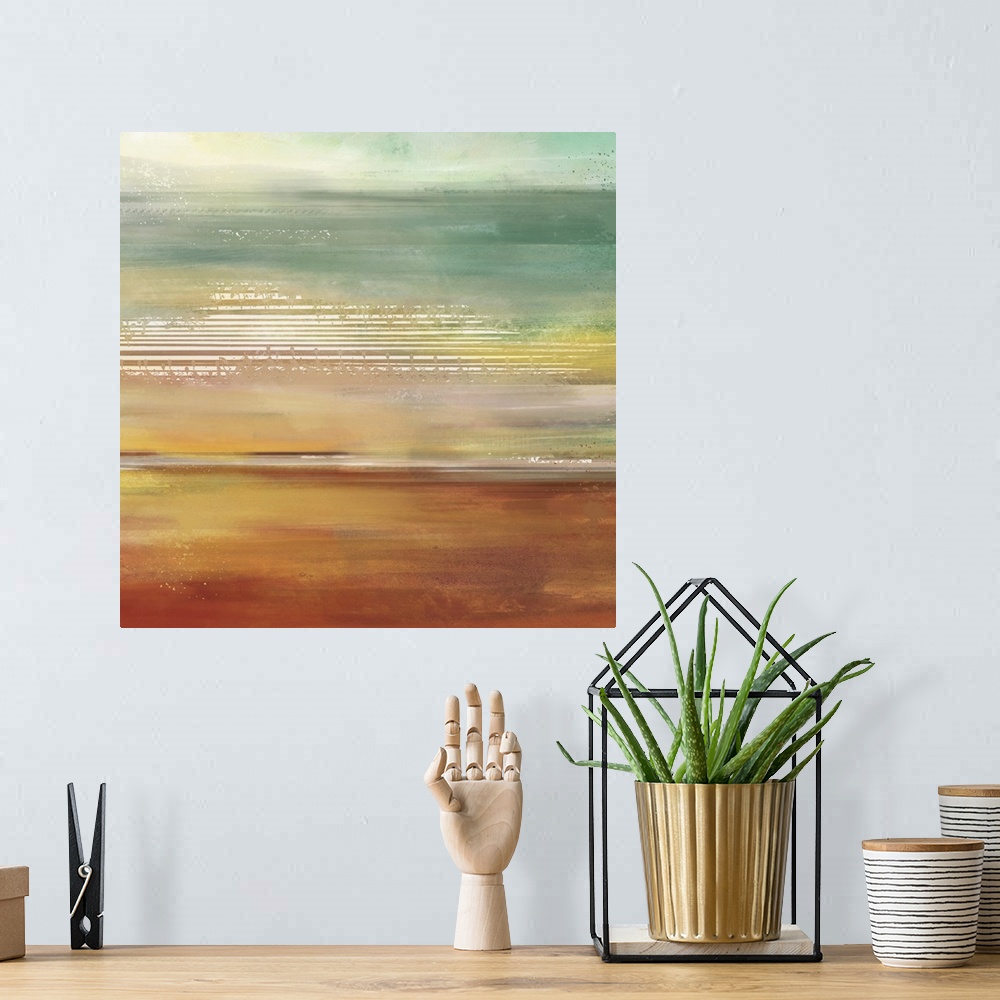 A bohemian room featuring Abstract contemporary painting with warm and cool tones moving across the image.