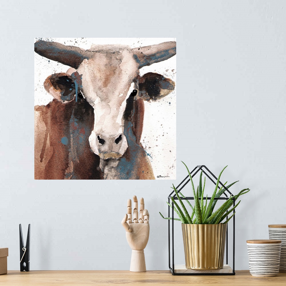 A bohemian room featuring Contemporary painting of a bull against a white background with teal paint splatter in the foregr...