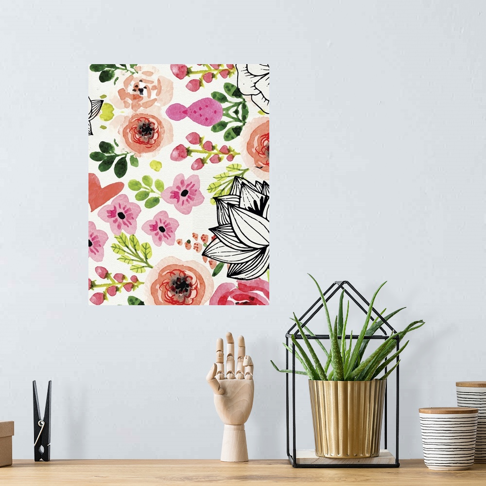 A bohemian room featuring Assortment of flowers in watercolor and ink in shades of pink with green leaves.