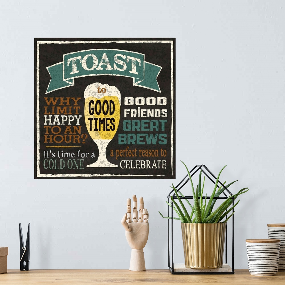 A bohemian room featuring Chalkboard style artwork featuring a  glass of beer and beer-related phrases.
