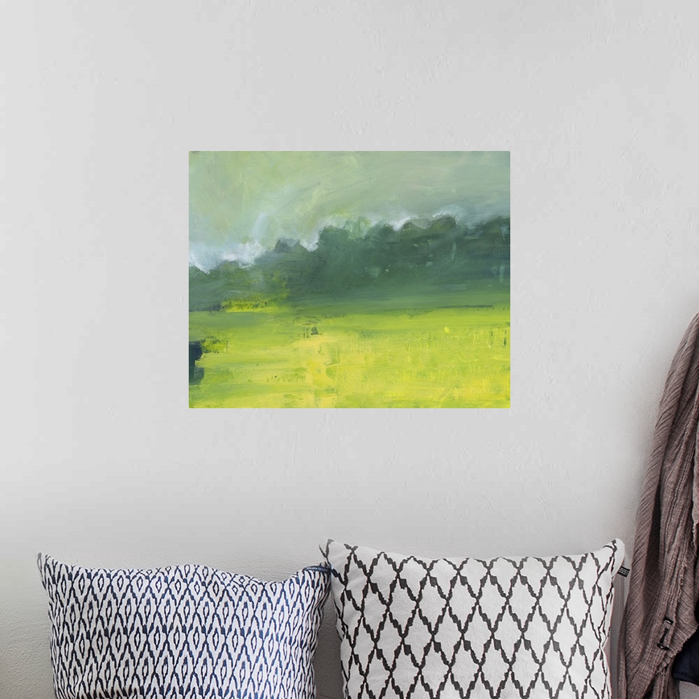 A bohemian room featuring Contemporary landscape painting of a field with a row of trees in the distance.