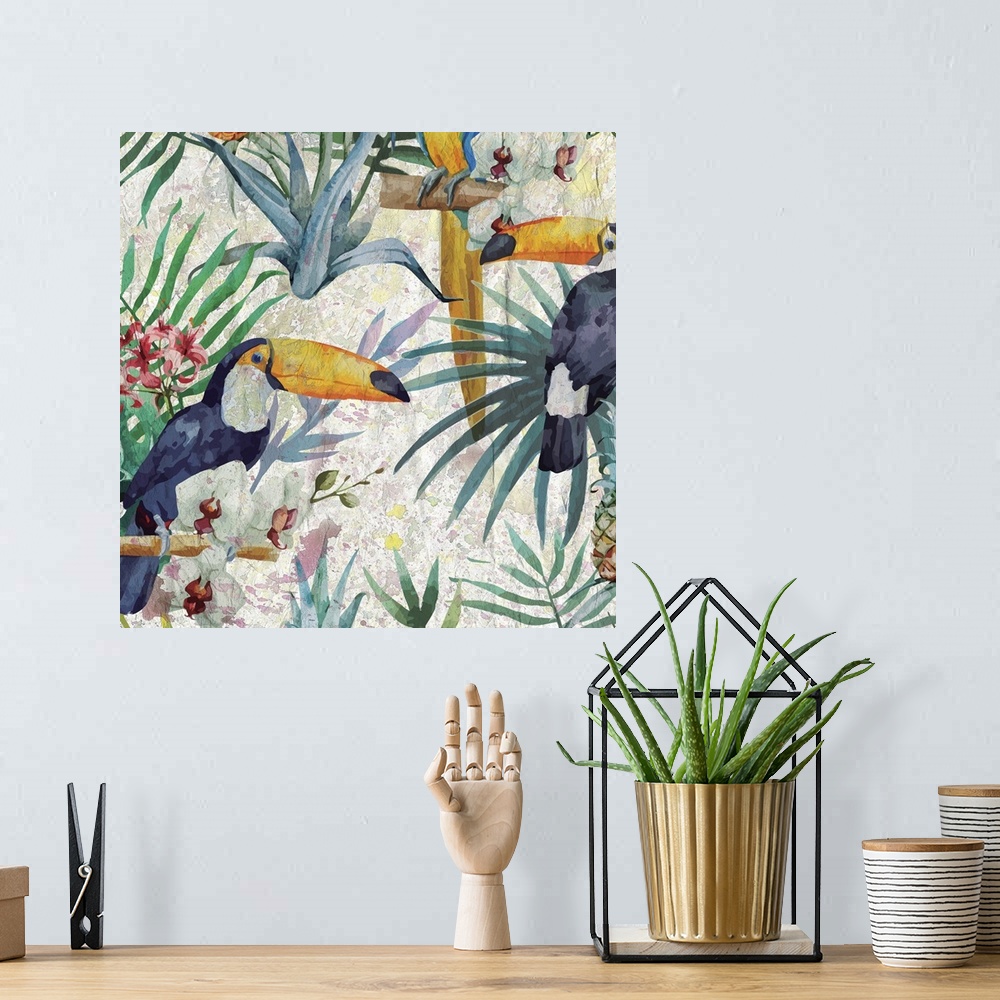 A bohemian room featuring Tropical pattern with Toco Toucans on green palm leaves with white orchids.