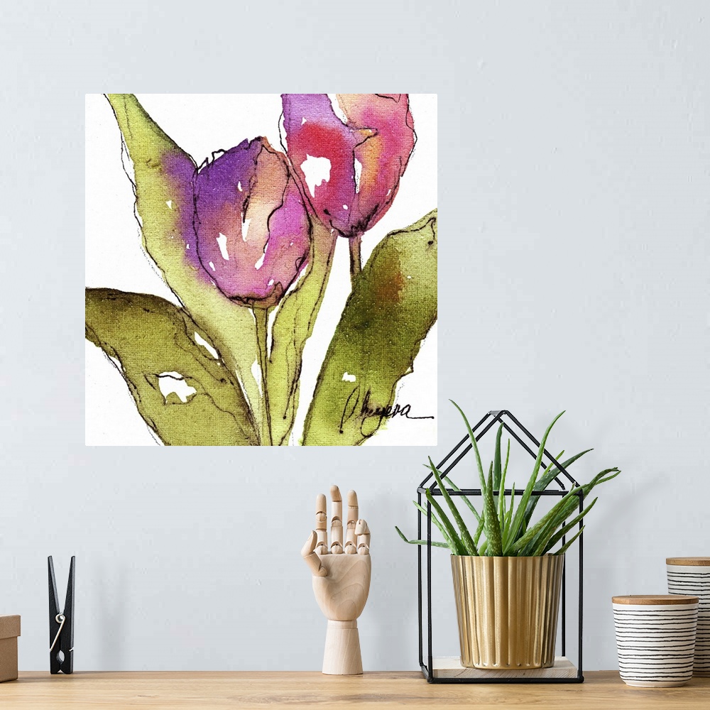 A bohemian room featuring Two pink tulips with broad green leaves in watercolor and ink.