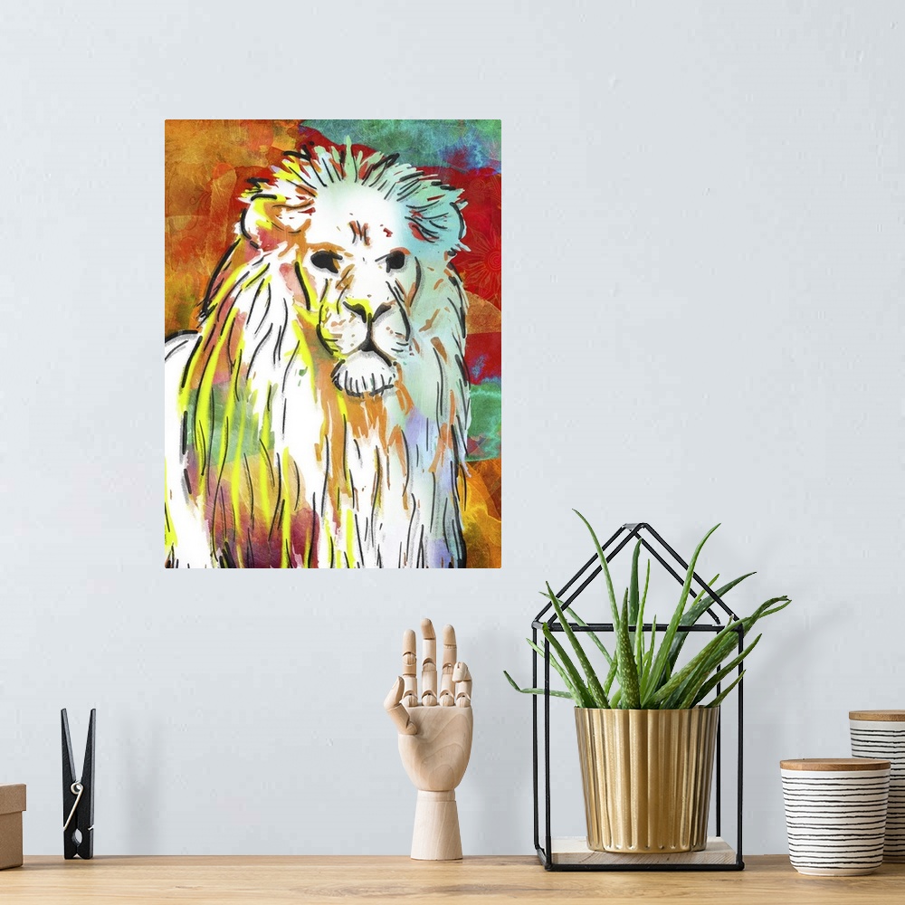 A bohemian room featuring A bright and colorful painting of a lion.