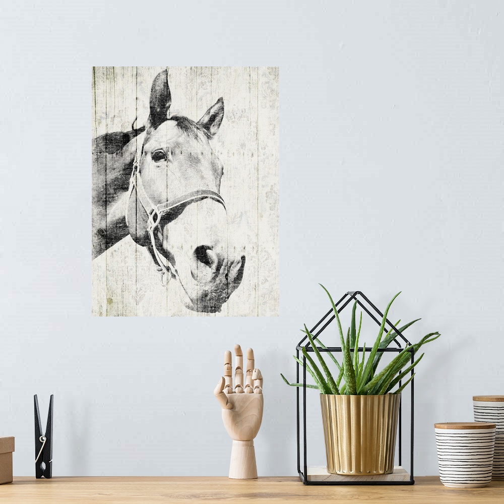 A bohemian room featuring Contemporary artwork of a horse against a background of rustic wood planks.