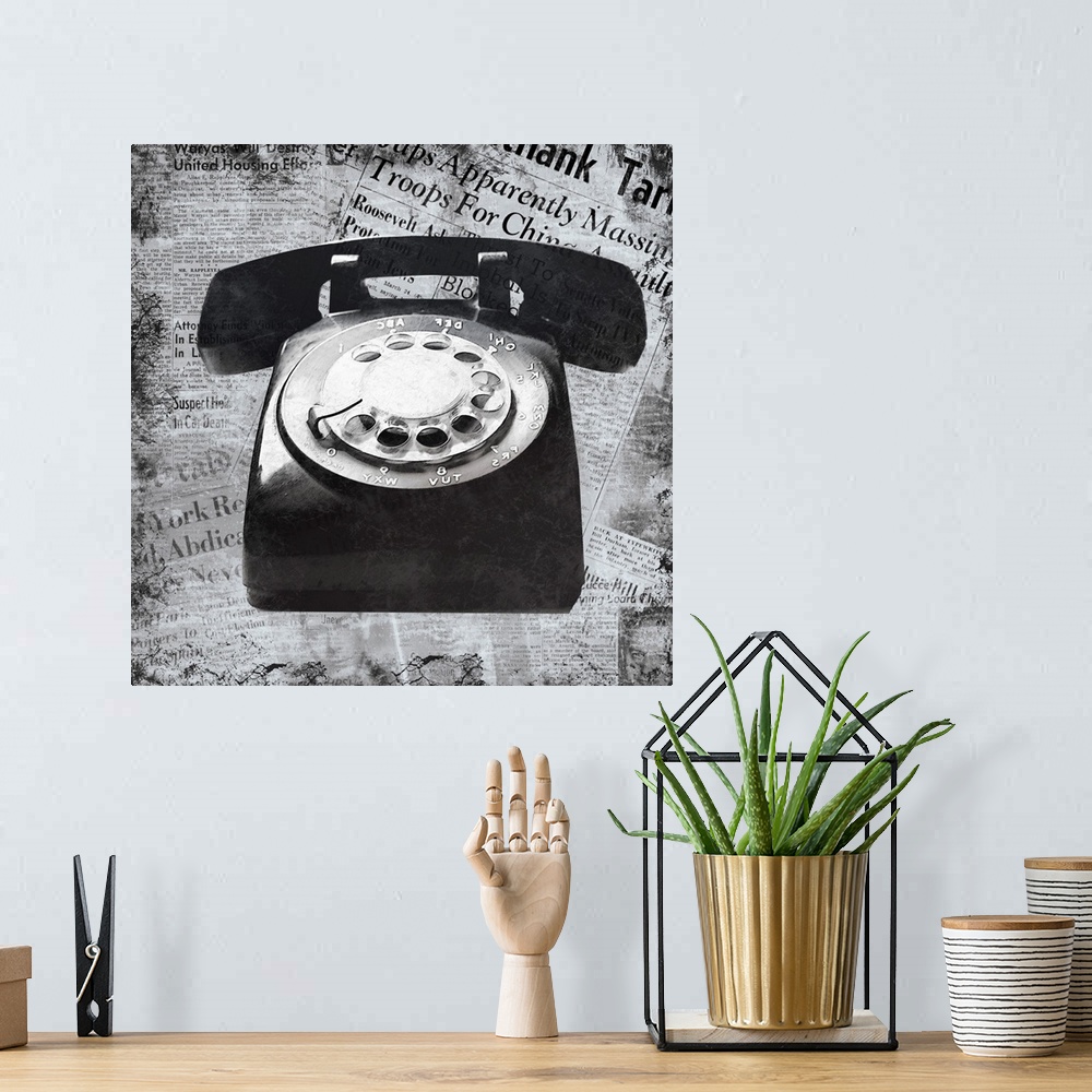 A bohemian room featuring A black and white image of a vintage telephone on a newspaper clipping background.