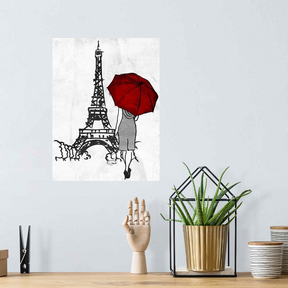 A bohemian room featuring Ink drawing of a woman with a red umbrella walking towards the Eiffel Tower.
