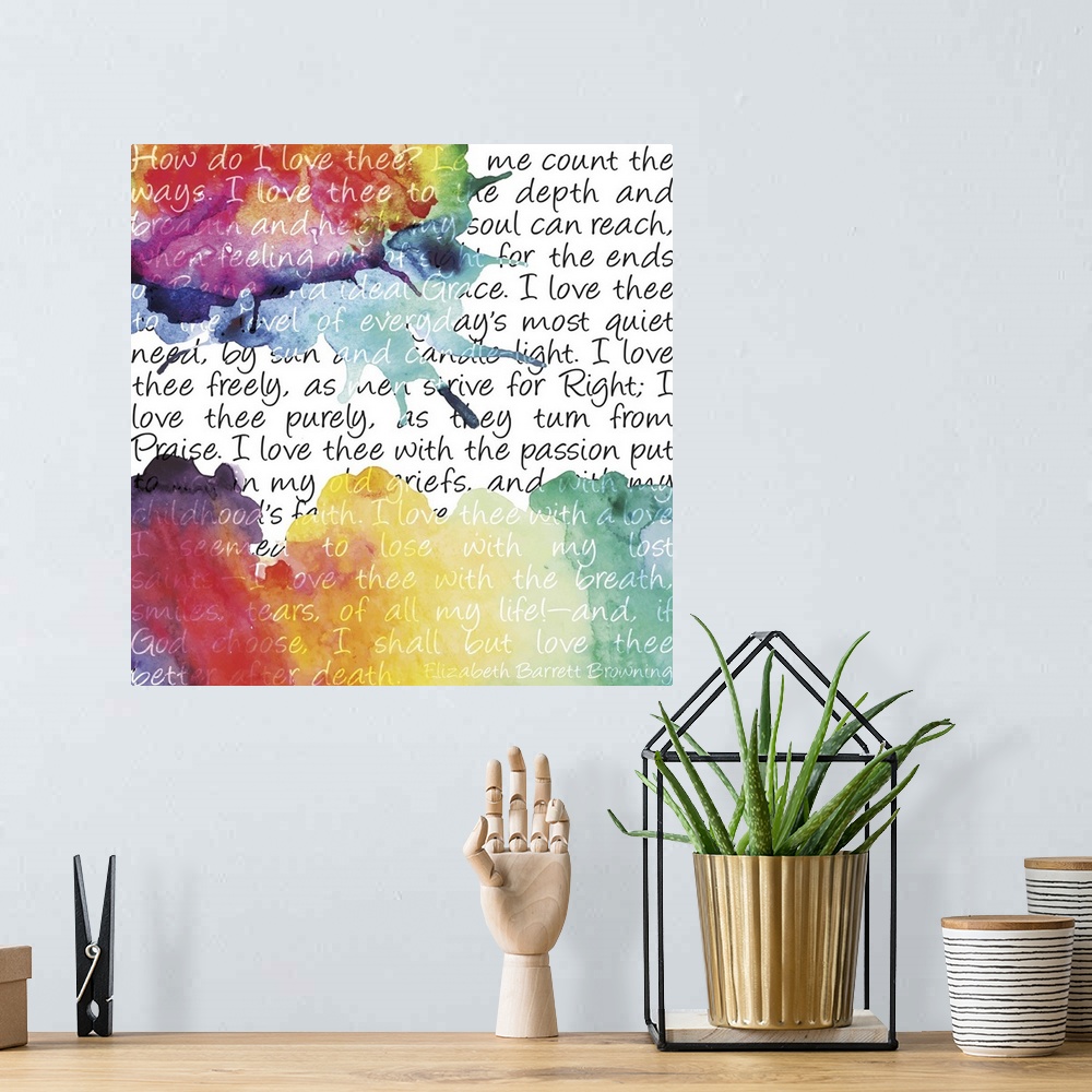 A bohemian room featuring Rainbow watercolor splashes with romantic words.