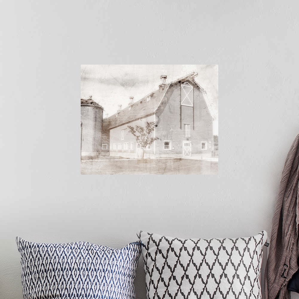 A bohemian room featuring An image in shades of gray of a barn with a textured overlay.