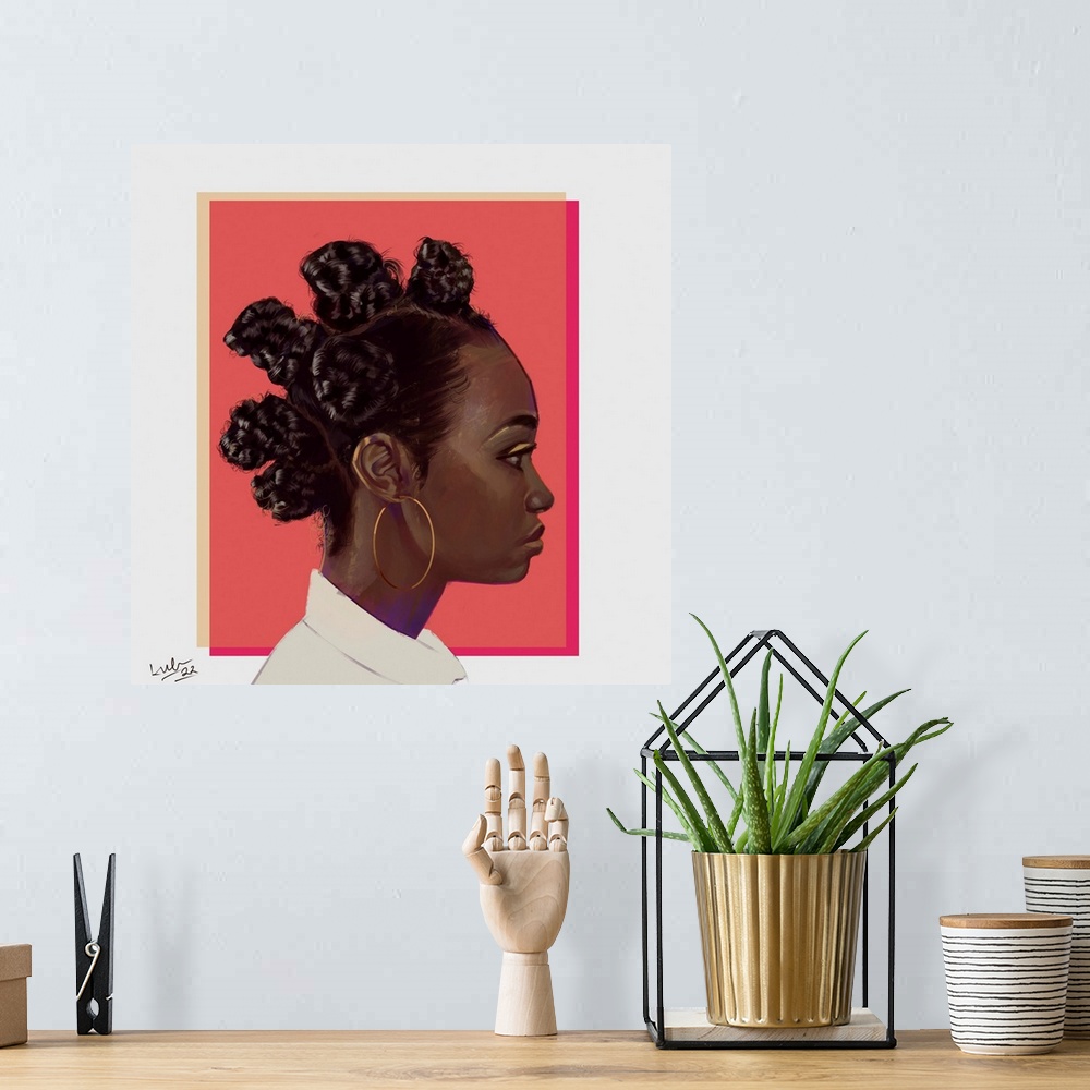 A bohemian room featuring A high impact contemporary portrait of a young Black woman with knotted hair and large gold hoop ...