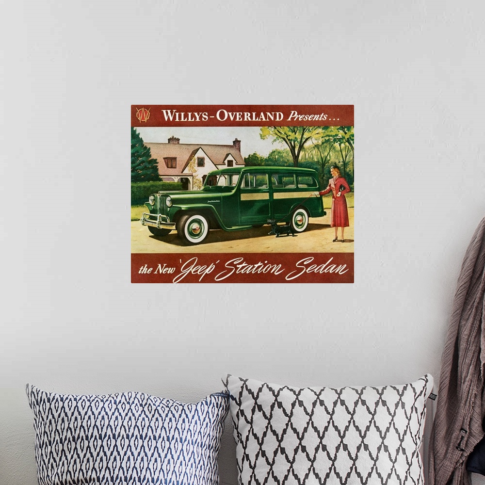 A bohemian room featuring 1940s USA Willys Magazine Advert (detail)