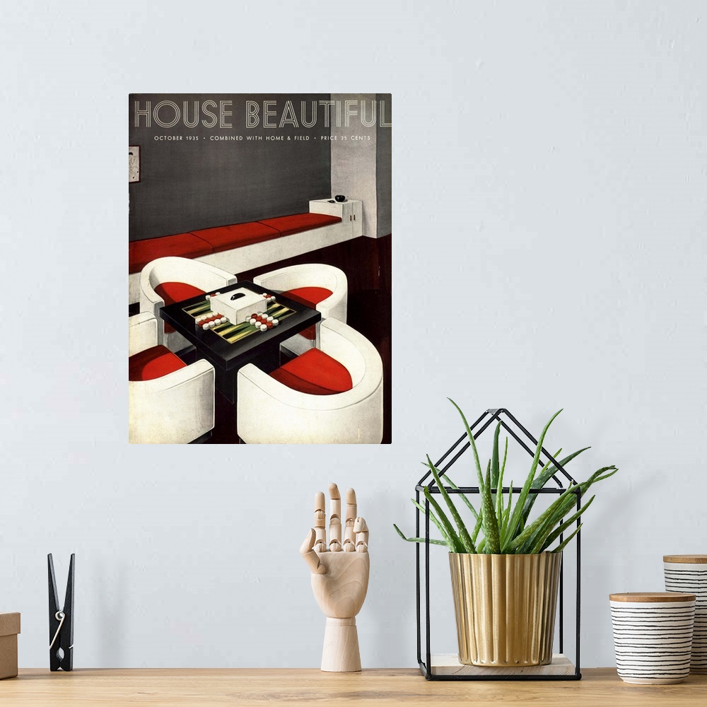 A bohemian room featuring House Beautiful.1930s.USA.furniture backgammon board games magazines interiors...