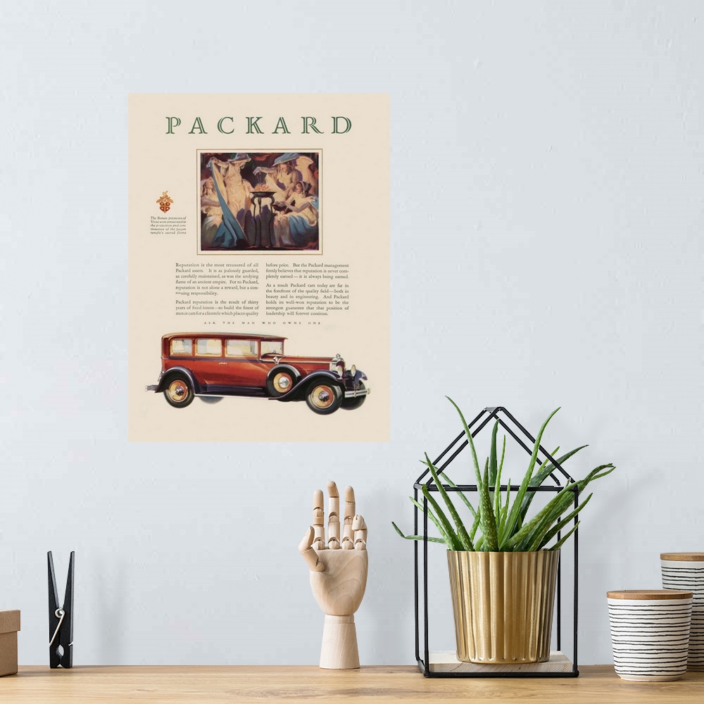 A bohemian room featuring Packard Automobile Advertisement