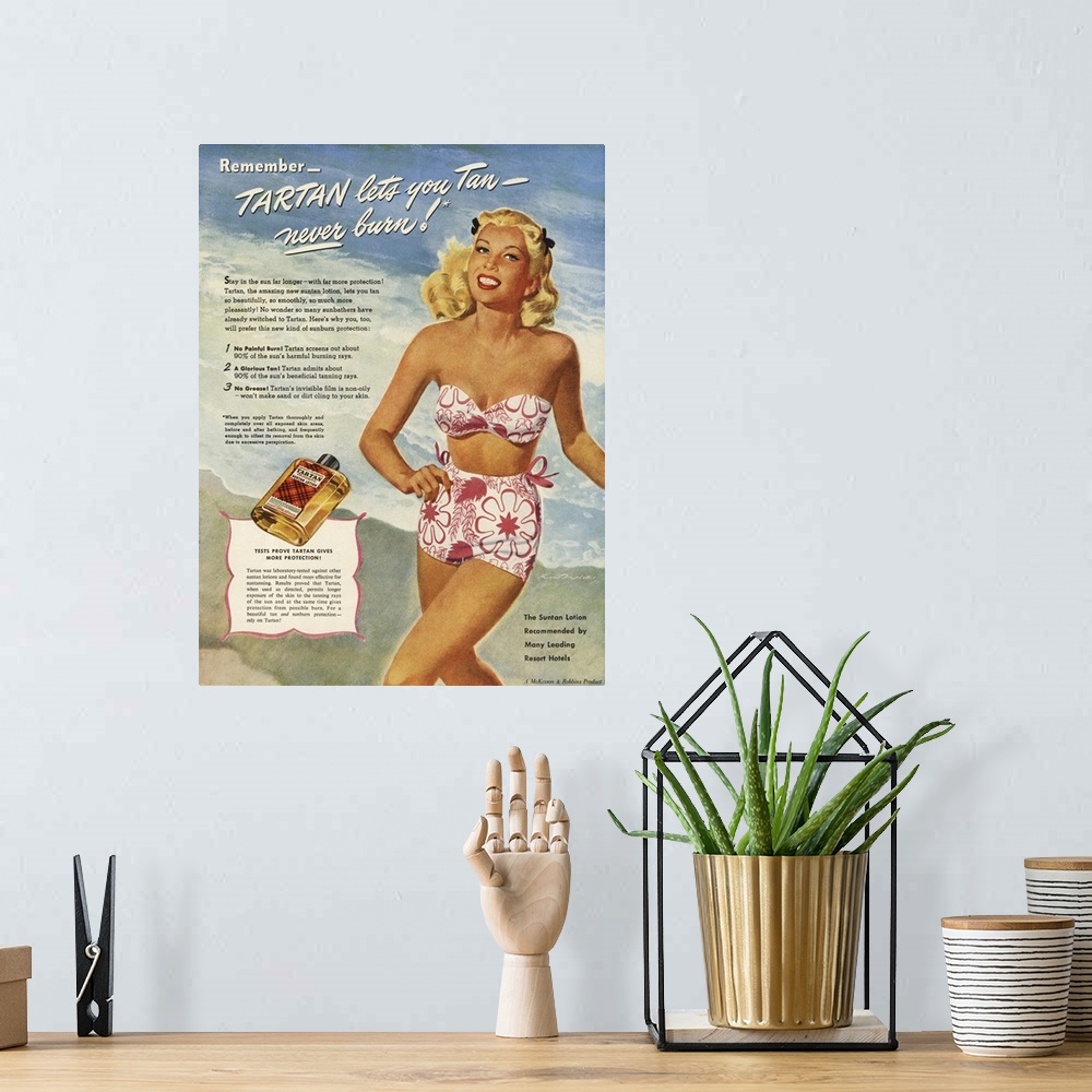 A bohemian room featuring .1940s.USA.tartan   lotions swim suits swimwear swimming  creams costumes womens  suntans sunbath...