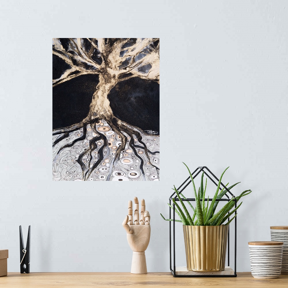 A bohemian room featuring Abstract Watercolor Painting Of A Tree And Its Roots