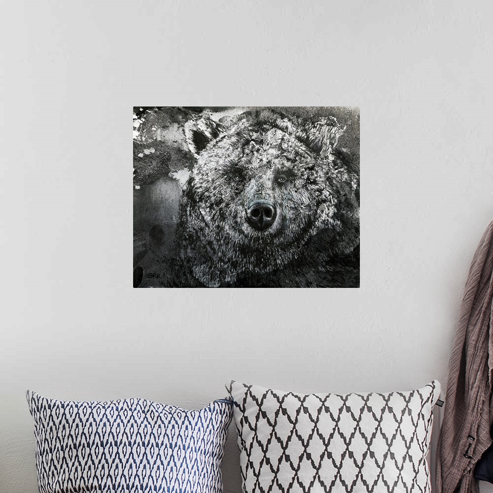 A bohemian room featuring Black And White Illustration Of A Bear.
