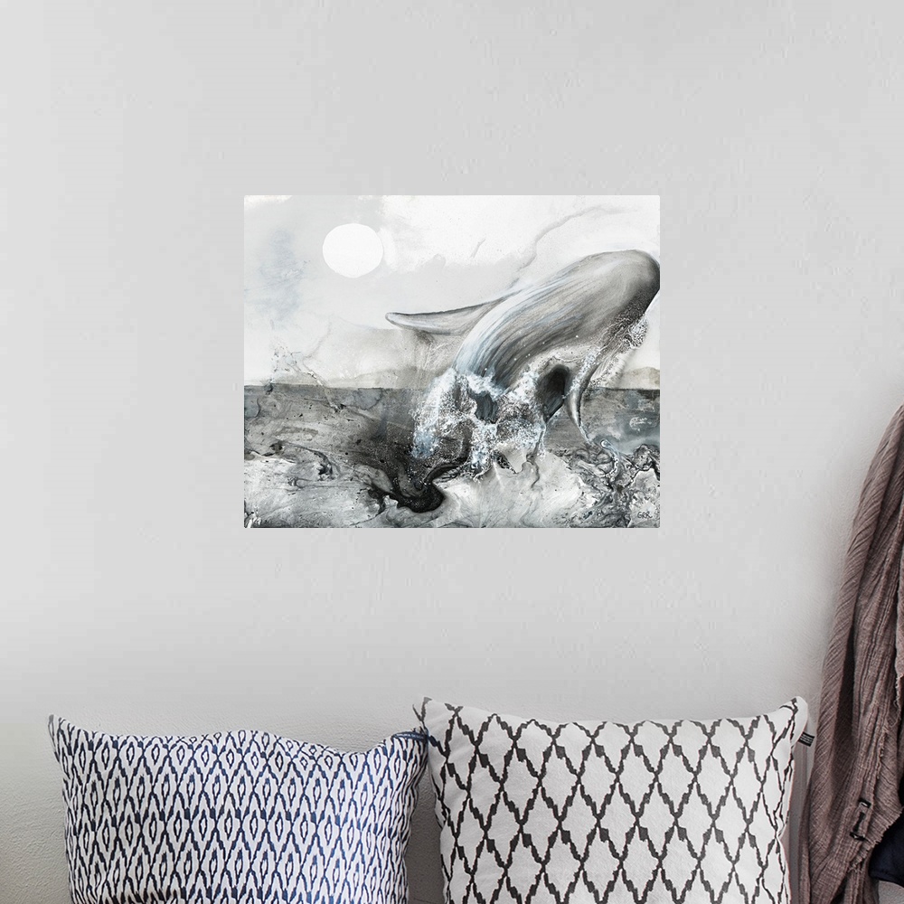 A bohemian room featuring Black and white illustration of a whale leaping from the surface of the water.