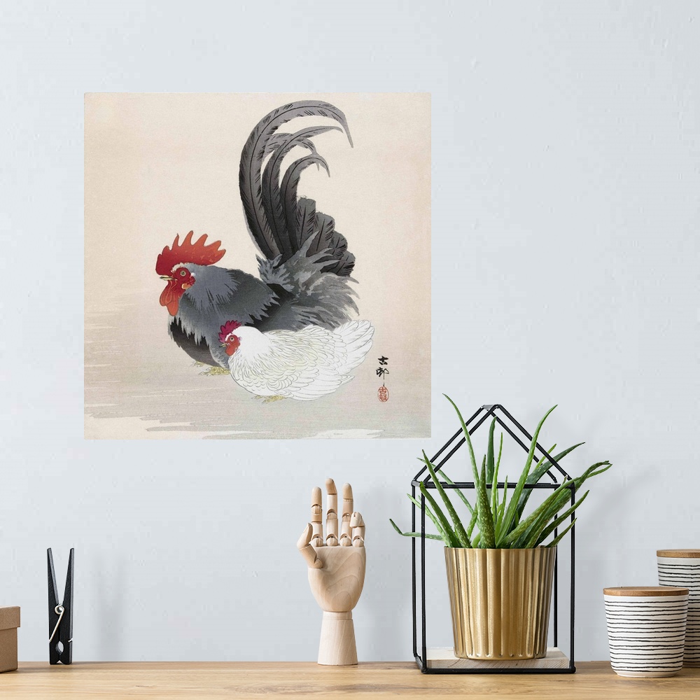 A bohemian room featuring Chicken and Rooster, by Japanese artist Ohara Koson, 1877 - 1945.  Ohara Koson was part of the sh...