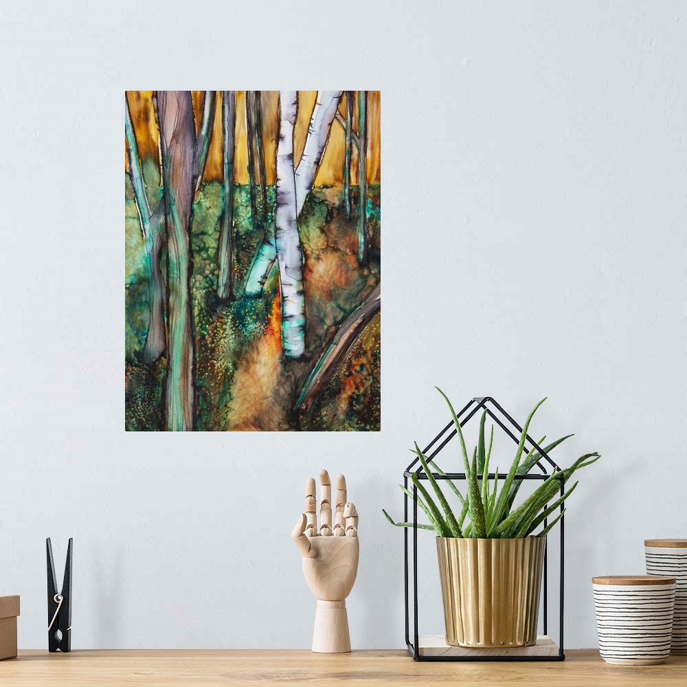 A bohemian room featuring Watercolor painting of a colorful forest
