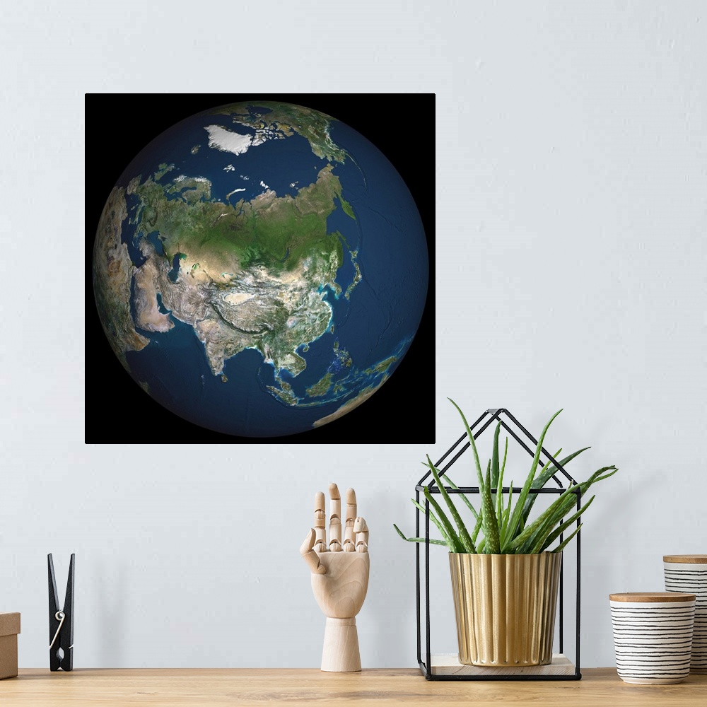 A bohemian room featuring Globe Asia, True Colour Satellite Image. Earth. True colour satellite image of the Earth, centred...