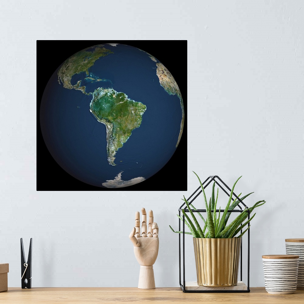 A bohemian room featuring Globe South America, True Colour Satellite Image. Earth. True colour satellite image of the Earth...