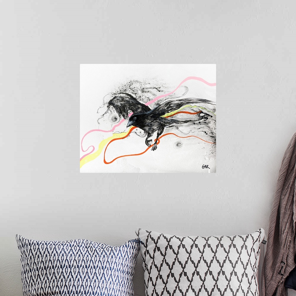 A bohemian room featuring Illustration Of A Black Bird In Flight With Streaks Of Colour Running Through On A White Background.