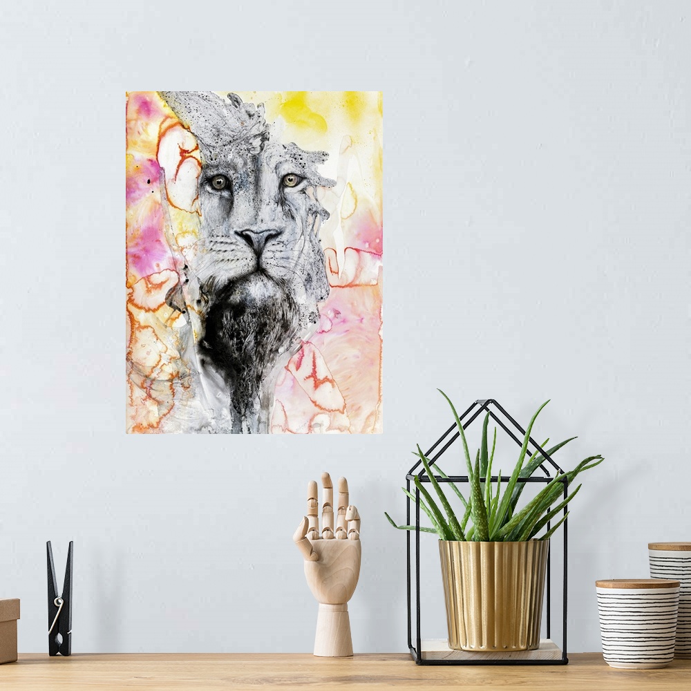 A bohemian room featuring Illustration Of A Lion's Face Surrounded By Colourful Abstract Patterns.