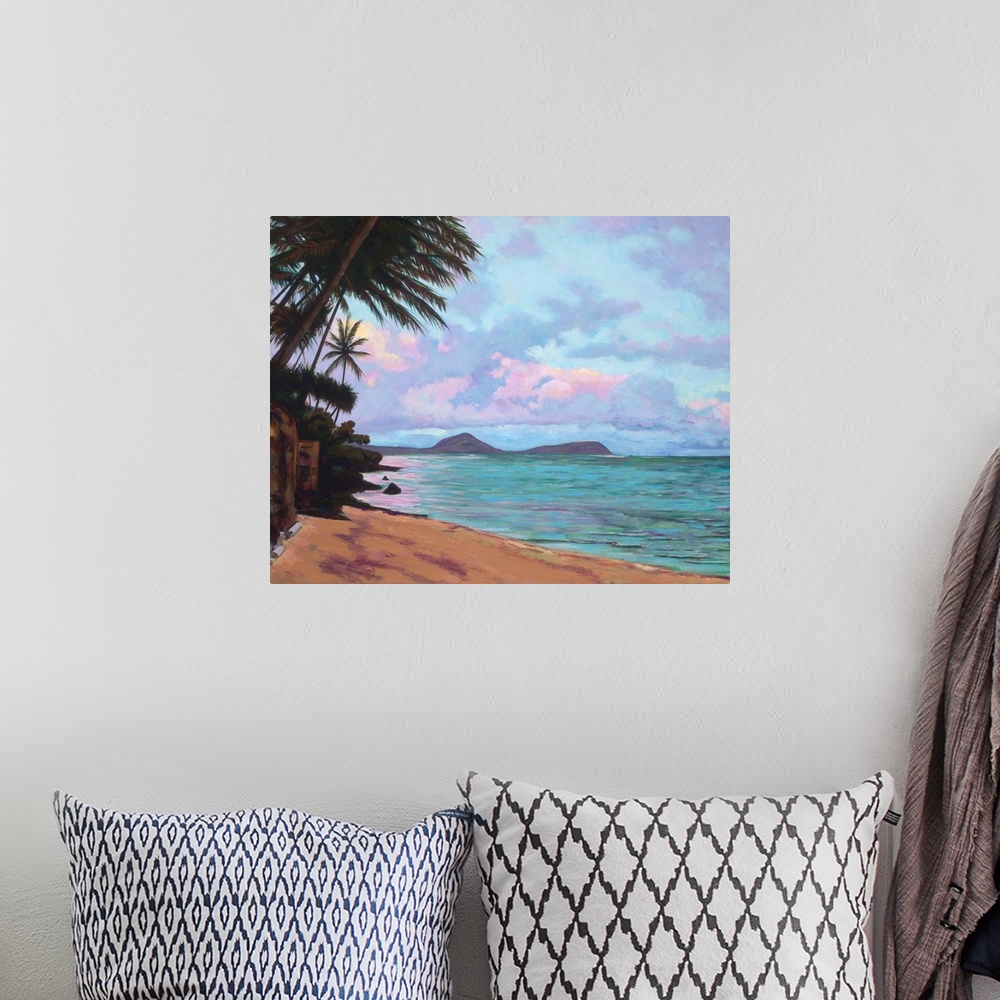 A bohemian room featuring Koko Palms, Hawaii, Oahu, View Of Koko Head From Quiet Beach (Acrylic Painting).