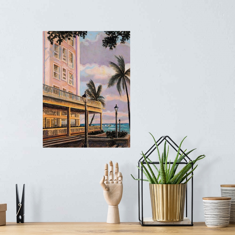 A bohemian room featuring Moana At Sunset, Hawaii, Oahu, Town At Dusk And Oceanview (Acrylic Painting).
