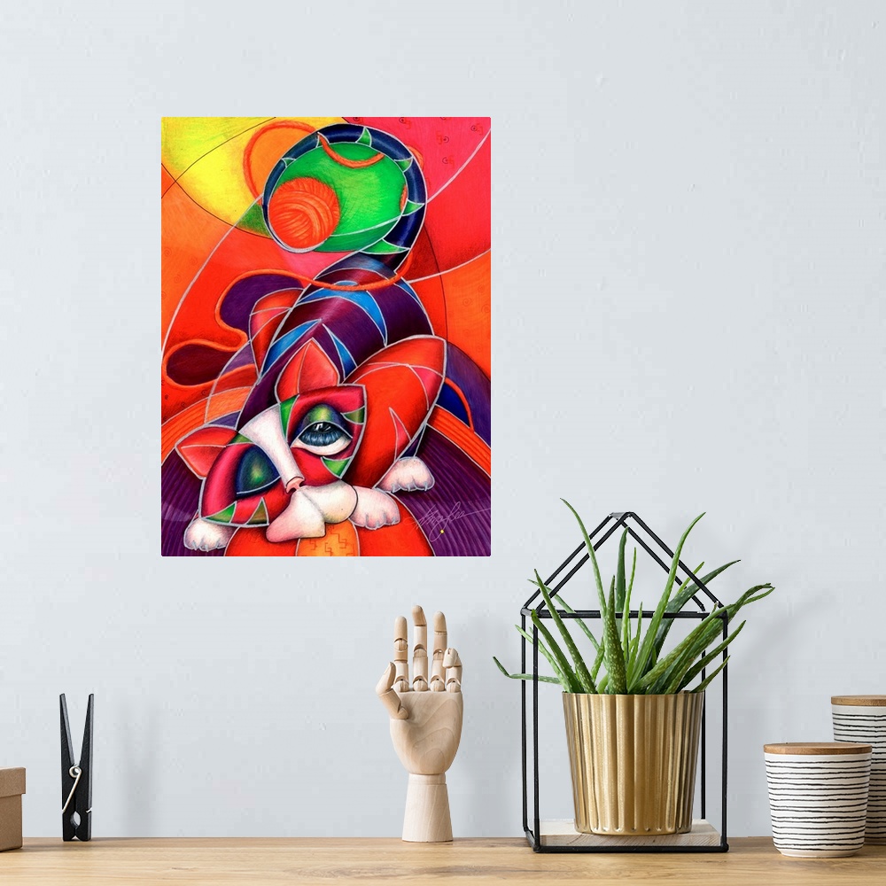 A bohemian room featuring Contemporary artwork in the style of cubism of a stretching cat in bold colors.