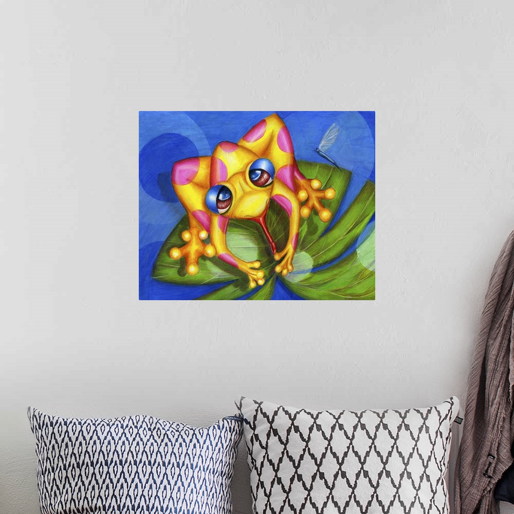 A bohemian room featuring Horizontal contemporary painting of a yellow frog on a lily pad.