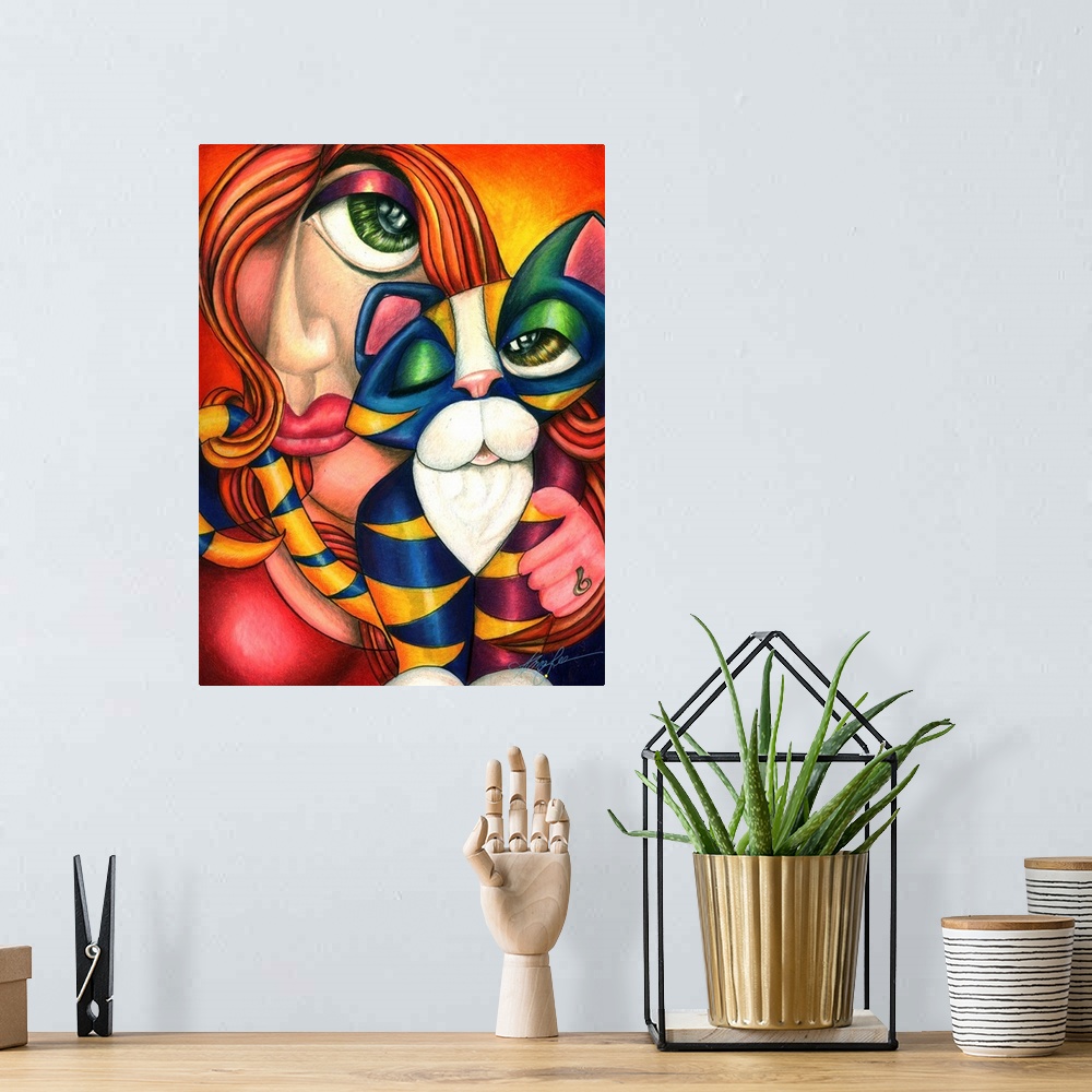 A bohemian room featuring Contemporary artwork in the style of cubism of a female holding a cat in bold colors.