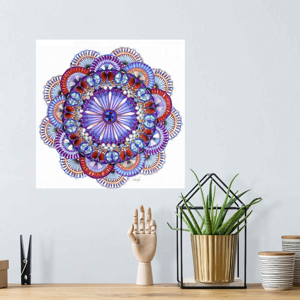 A bohemian room featuring A colorful square spiral graph in a floral shape in colors of red and blue.