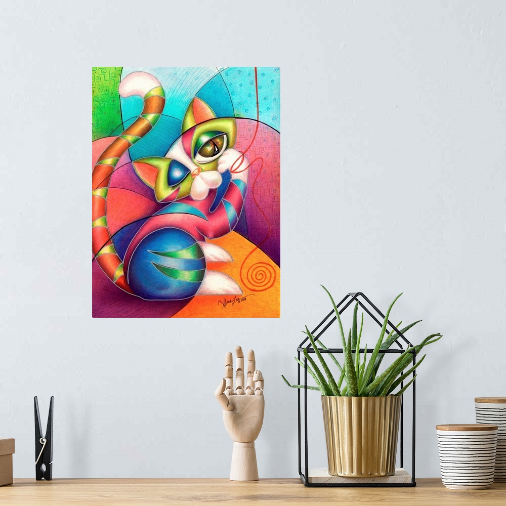 A bohemian room featuring Contemporary artwork in the style of cubism of a cat with yarn in bold colors.